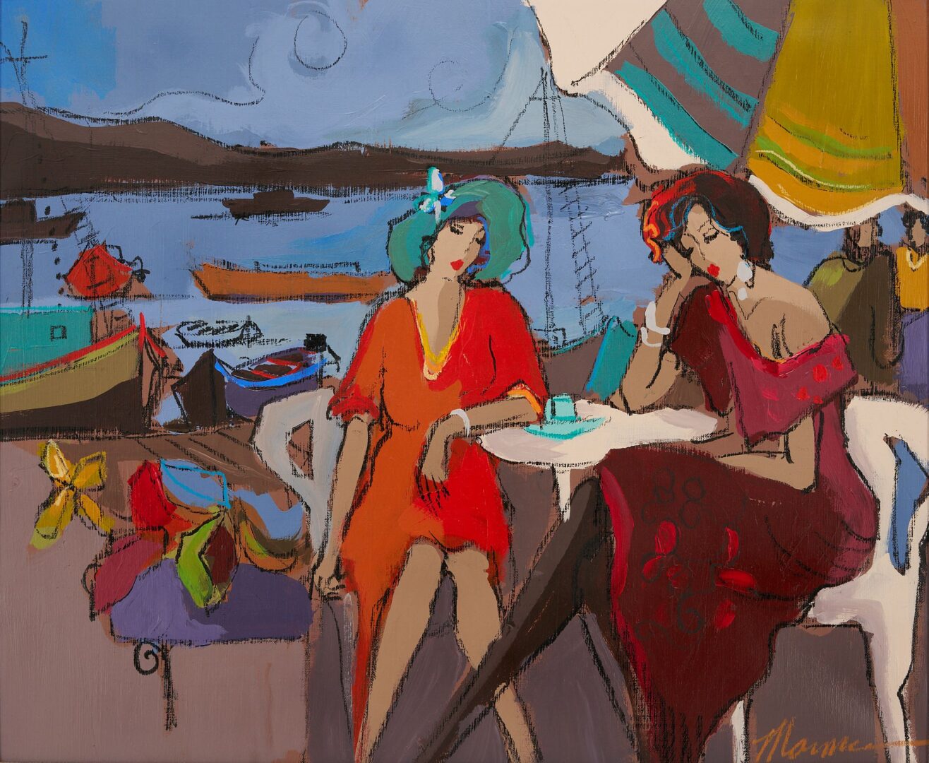 Lot 390: Isaac Maimon Acrylic Painting, Ladies at a Seaside Cafe