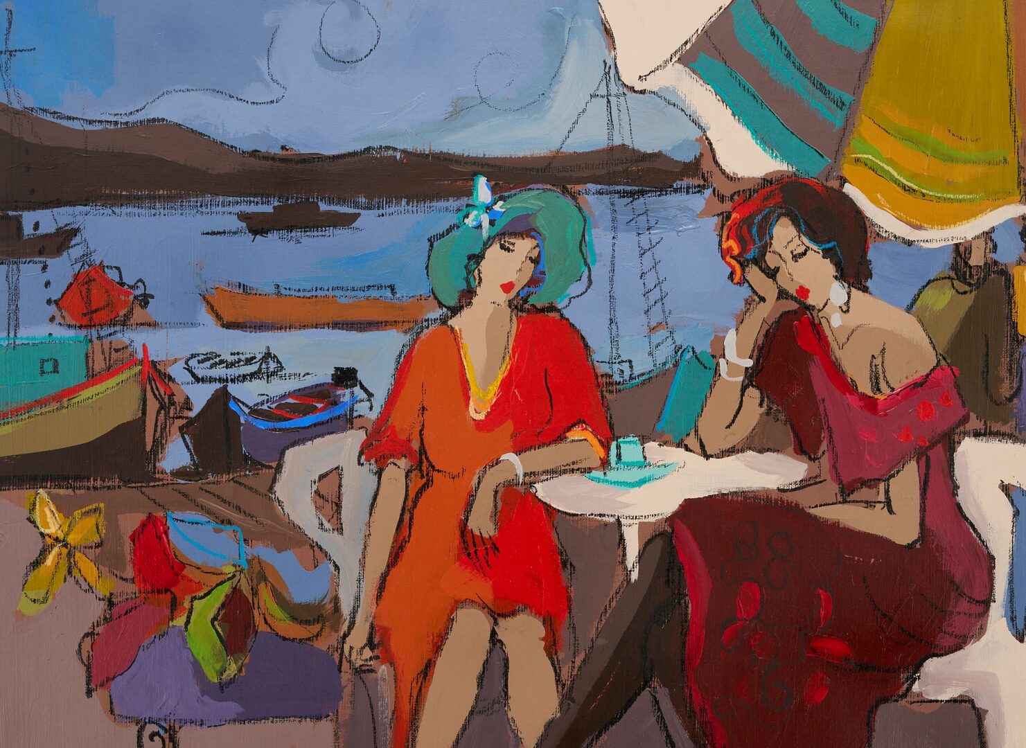 Lot 390: Isaac Maimon Acrylic Painting, Ladies at a Seaside Cafe