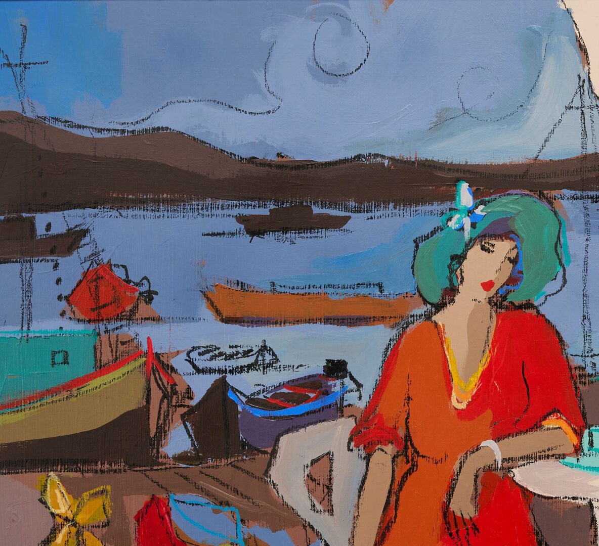 Lot 390: Isaac Maimon Acrylic Painting, Ladies at a Seaside Cafe