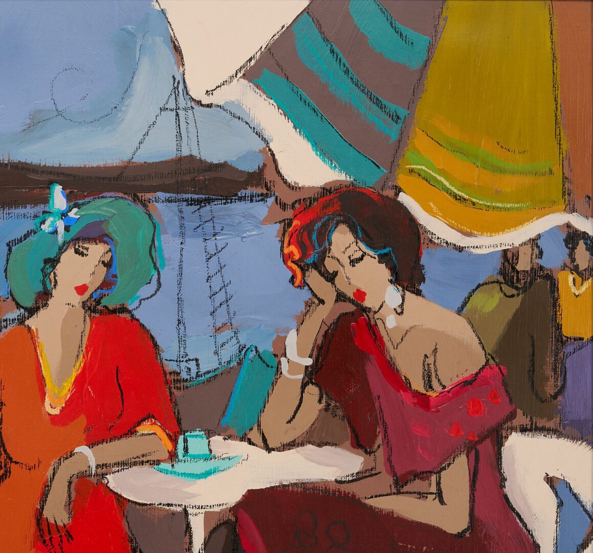 Lot 390: Isaac Maimon Acrylic Painting, Ladies at a Seaside Cafe