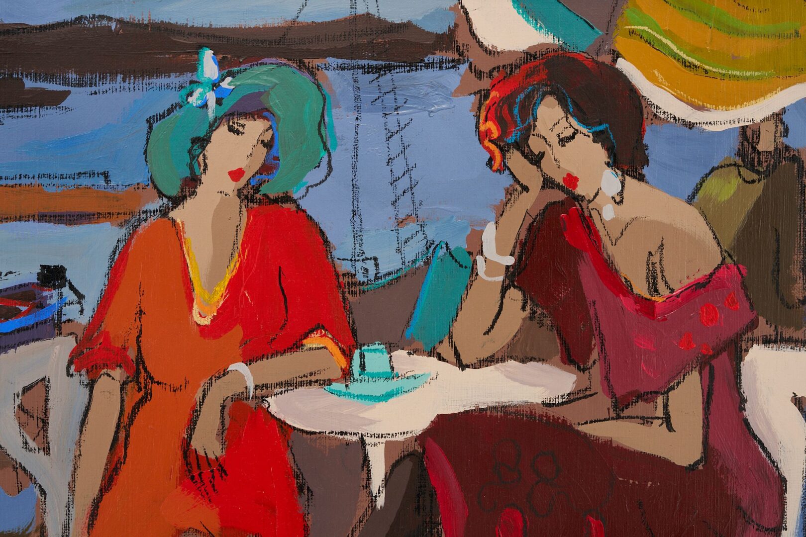 Lot 390: Isaac Maimon Acrylic Painting, Ladies at a Seaside Cafe