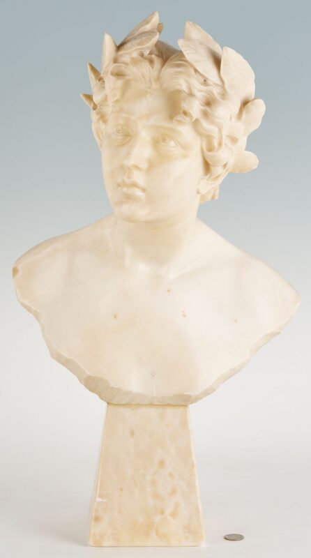 Lot 394: Giuseppe Bessi Marble Sculpture, Youth with Laurel Wreath