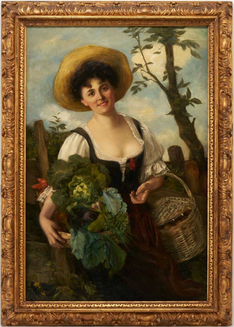 Lot 395: Illegibly Signed German 19th Cent. Painting, Woman with Basket