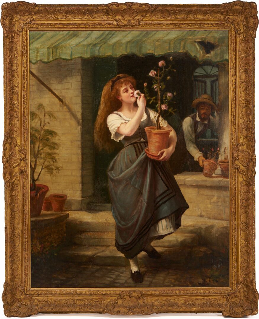 Lot 396: Large signed O/C Continental Genre Scene, Woman with a Pot of Roses