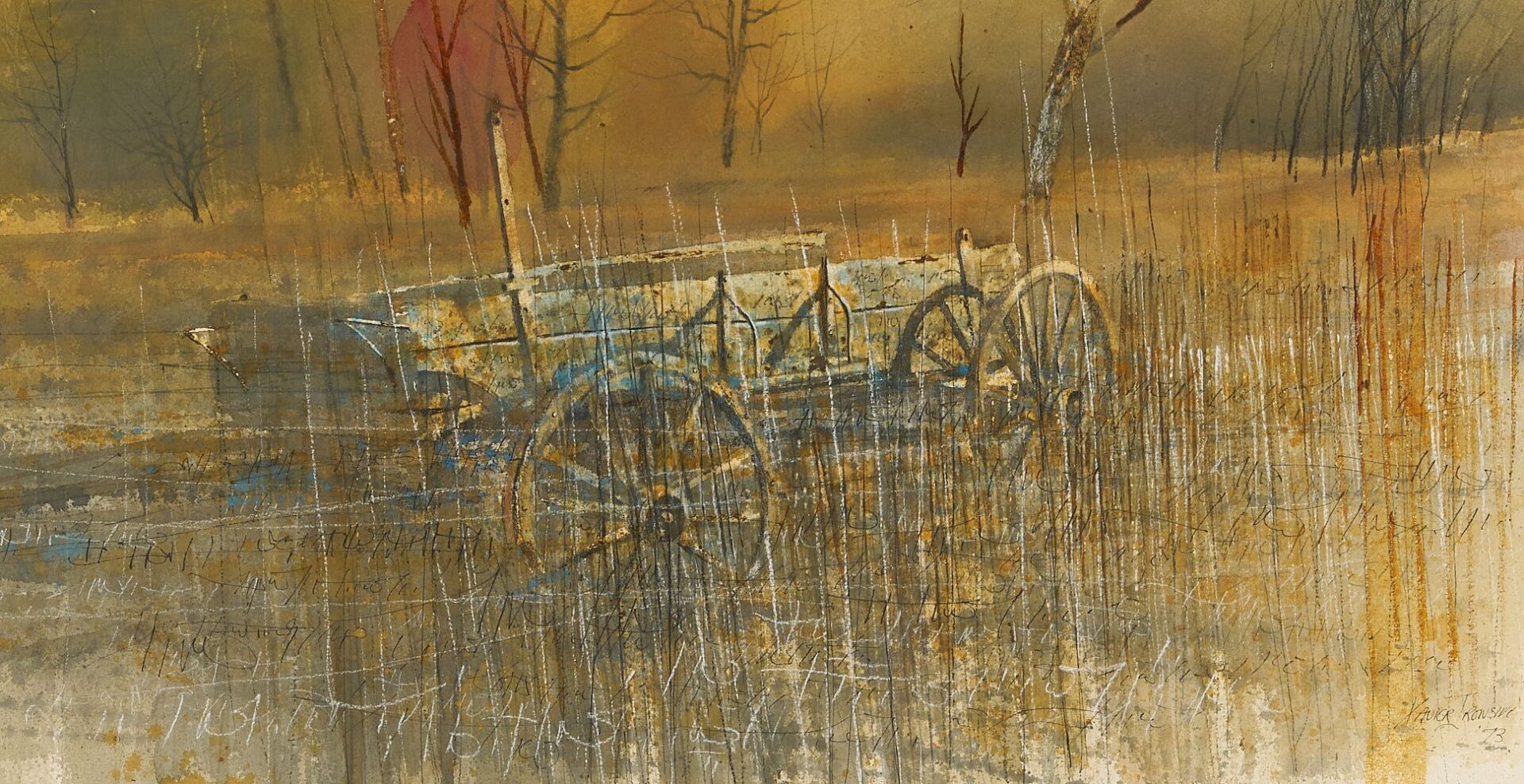 Lot 413: Xavier Ironside Watercolor, Wagon in Landscape