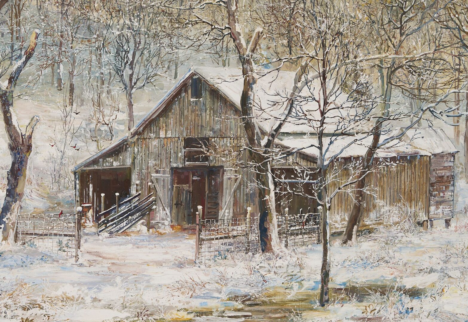 Lot 414: Marion Cook O/C TN Winter Landscape, Barn in Snow, 1980