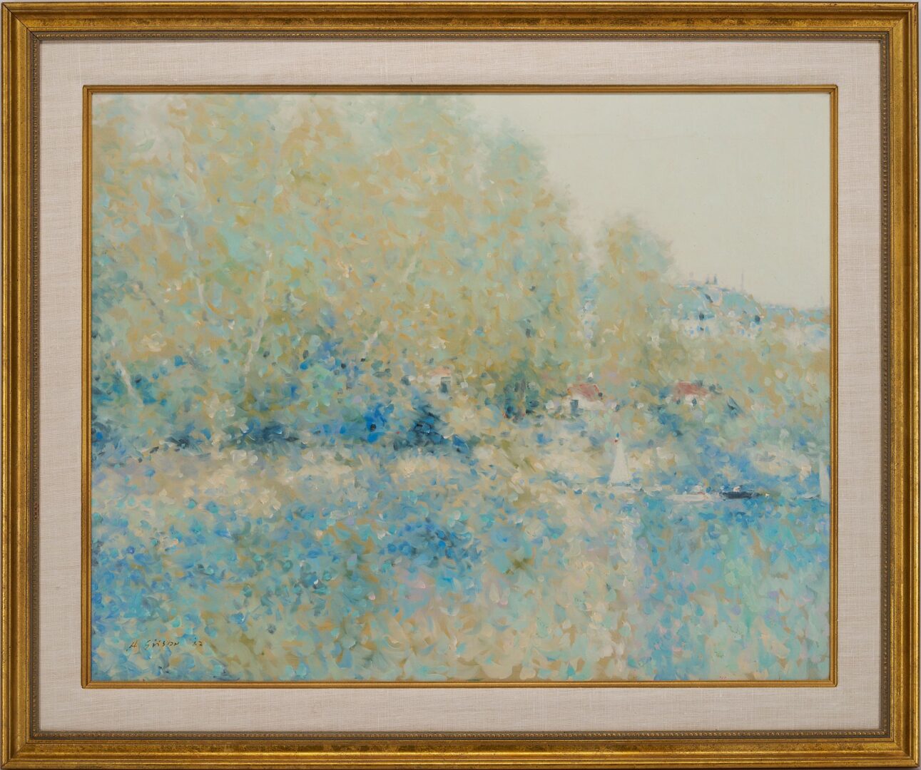 Lot 437: Andre Gisson O/C Impressionist Springtime Lake Scene