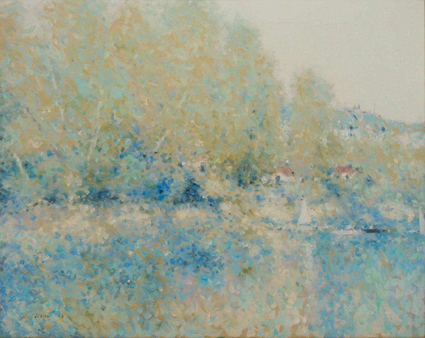 Lot 437: Andre Gisson O/C Impressionist Springtime Lake Scene