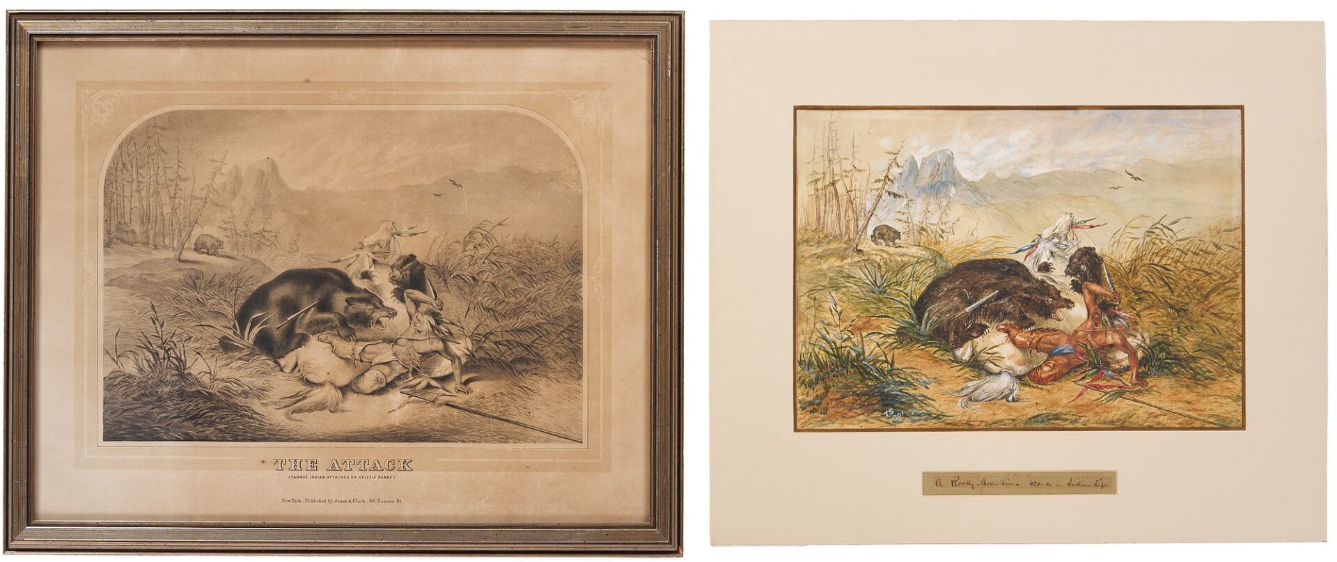 Lot 473: Pawnee Attacked by Bear, Watercolor & Print