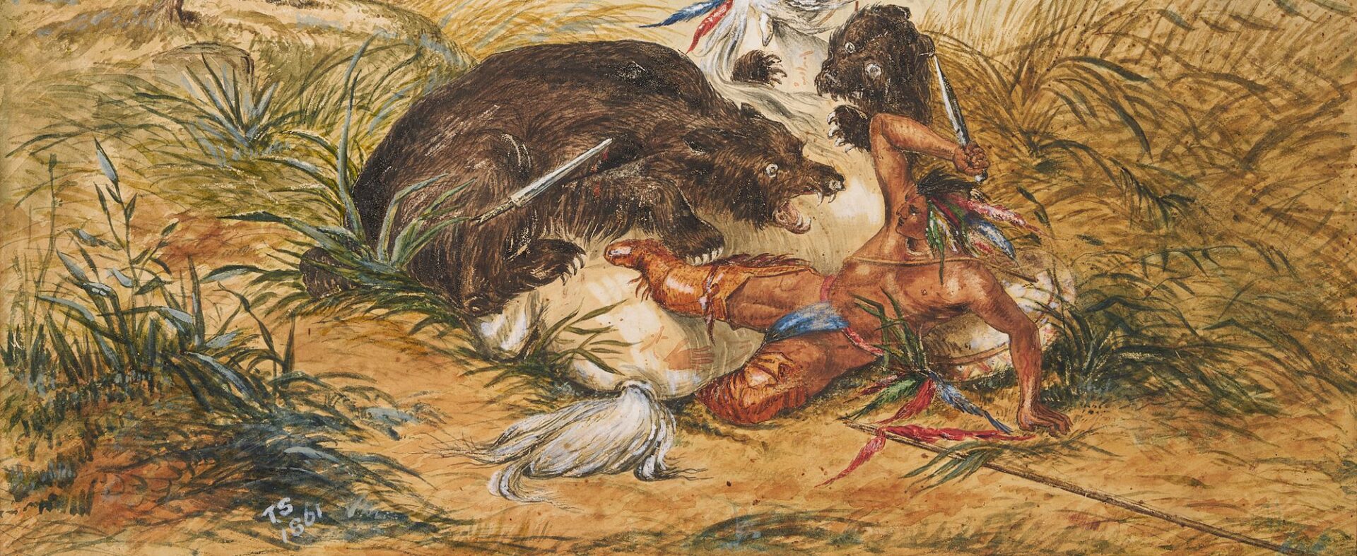 Lot 473: Pawnee Attacked by Bear, Watercolor & Print