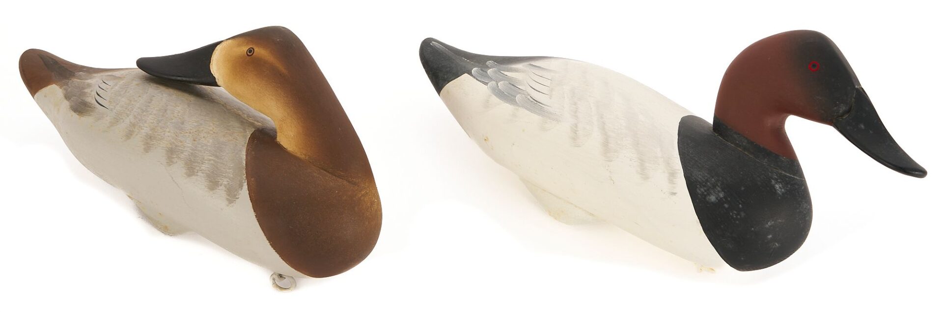 Lot 498: 2 Charlie Joiner Signed Canvasback Duck Decoys, Drake & Preening Hen