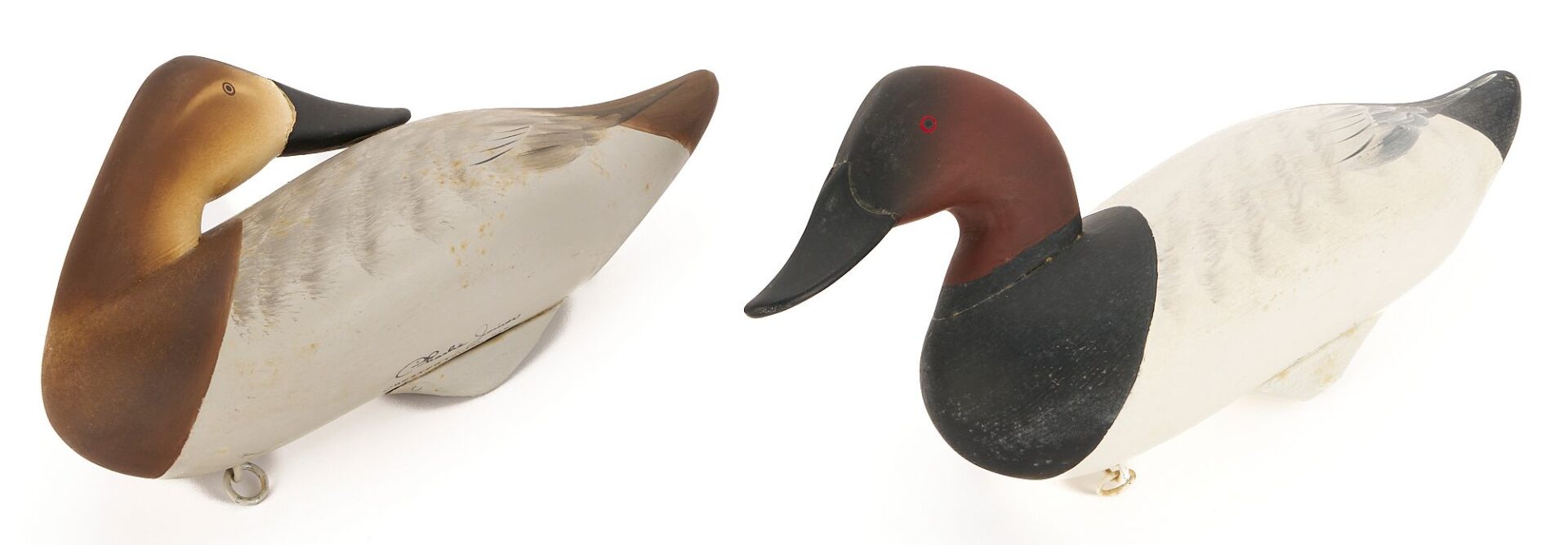 Lot 498: 2 Charlie Joiner Signed Canvasback Duck Decoys, Drake & Preening Hen