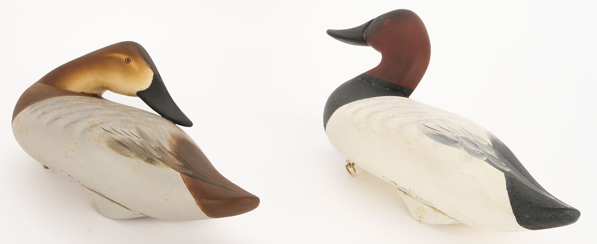 Lot 498: 2 Charlie Joiner Signed Canvasback Duck Decoys, Drake & Preening Hen