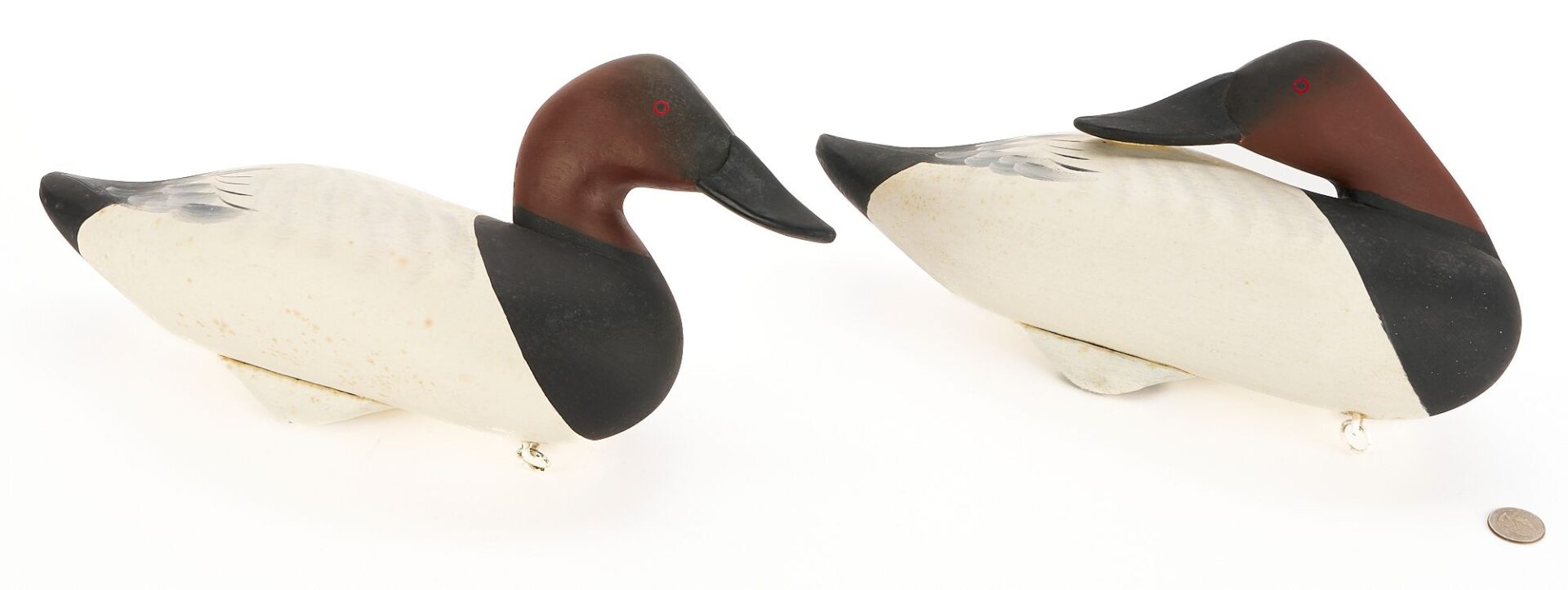 Lot 500: 2 Charlie Joiner Signed Canvasback Duck Decoys, Drake & Preening Drake