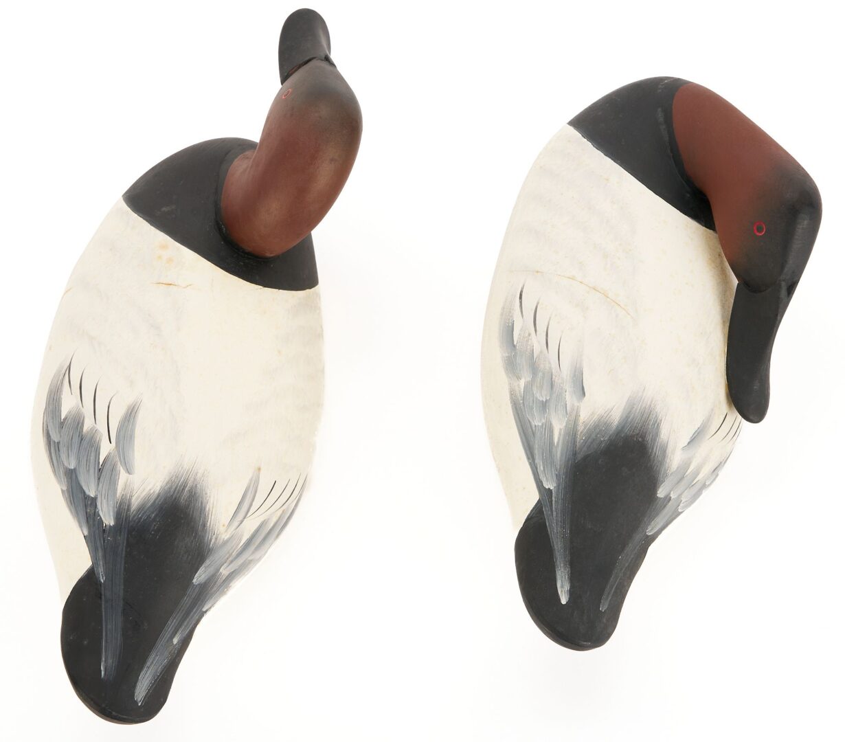 Lot 500: 2 Charlie Joiner Signed Canvasback Duck Decoys, Drake & Preening Drake