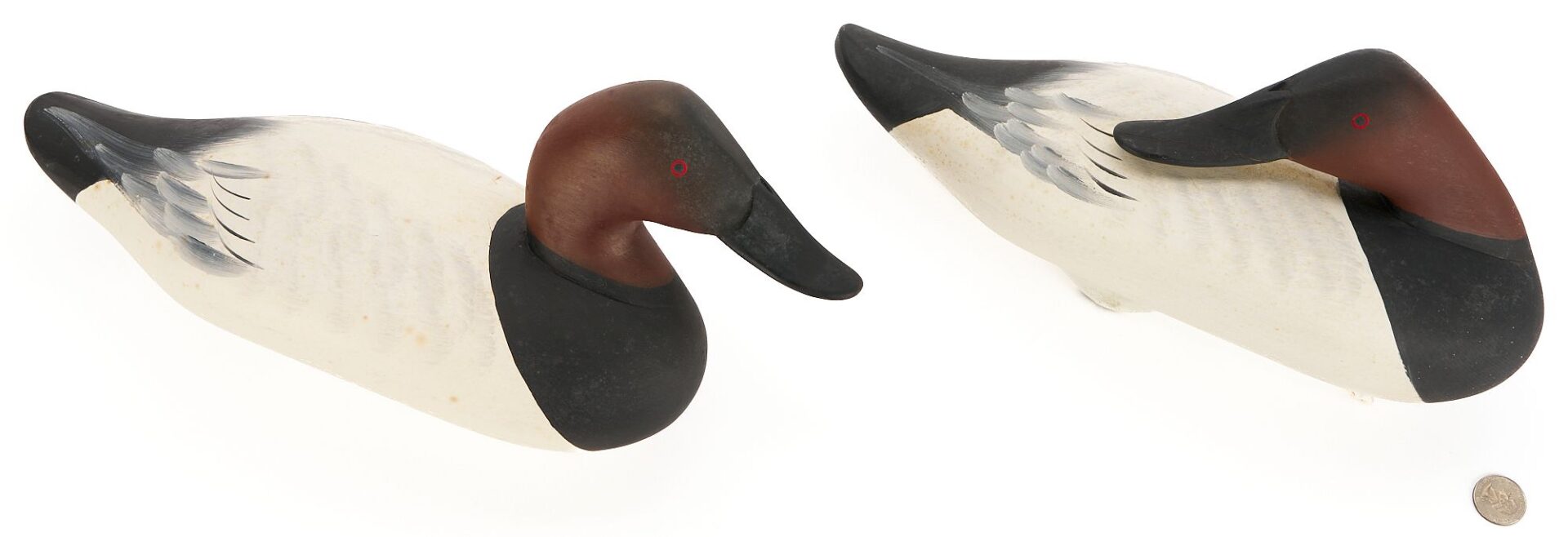 Lot 500: 2 Charlie Joiner Signed Canvasback Duck Decoys, Drake & Preening Drake