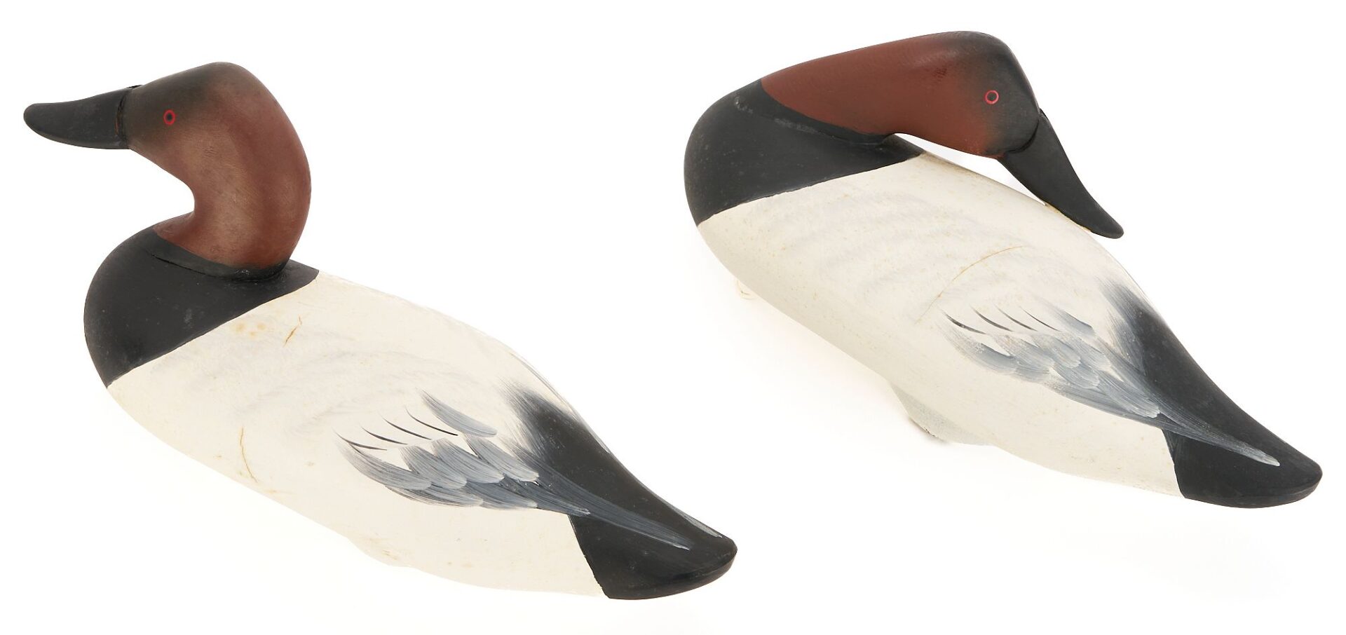 Lot 500: 2 Charlie Joiner Signed Canvasback Duck Decoys, Drake & Preening Drake