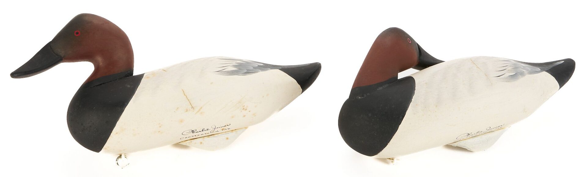 Lot 500: 2 Charlie Joiner Signed Canvasback Duck Decoys, Drake & Preening Drake