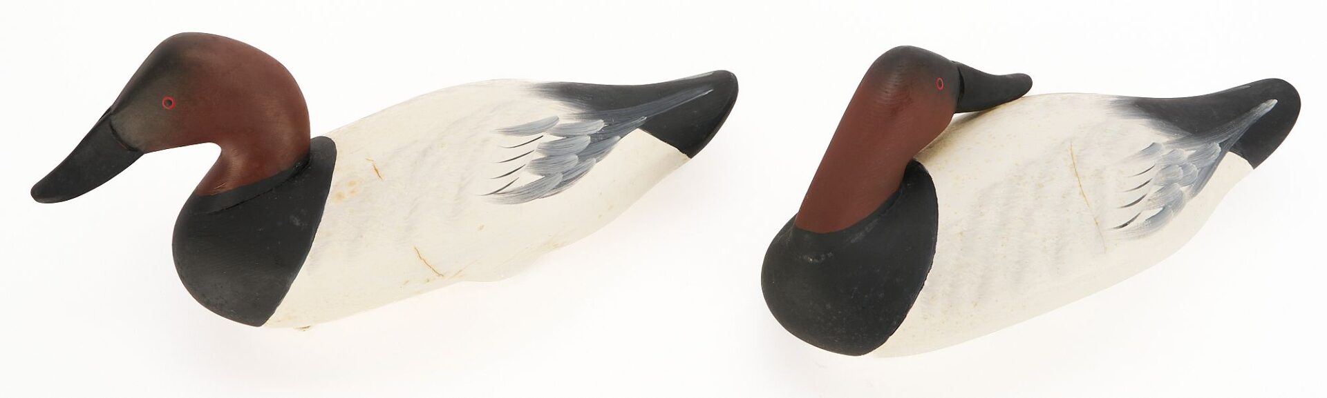 Lot 500: 2 Charlie Joiner Signed Canvasback Duck Decoys, Drake & Preening Drake