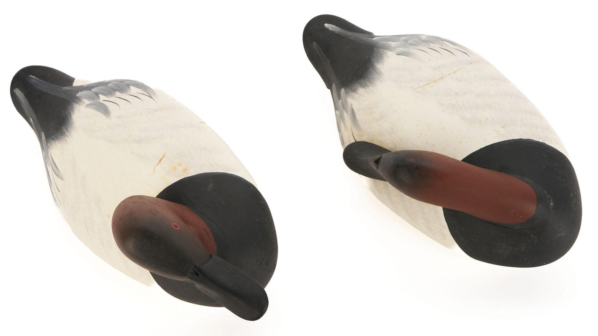 Lot 500: 2 Charlie Joiner Signed Canvasback Duck Decoys, Drake & Preening Drake