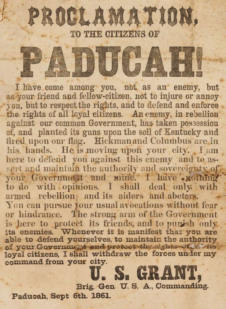 Lot 561: 1861 U. S. Grant Broadside Proclamation, Paducah, KY