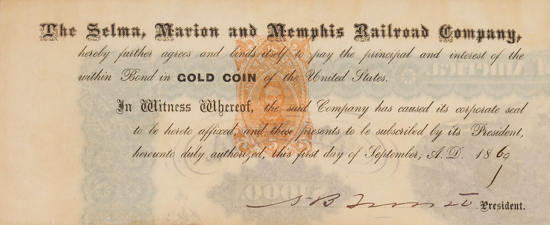Lot 578: $1,000 Railroad Bond; Selma, Marion and Memphis signed by N.B. Forrest