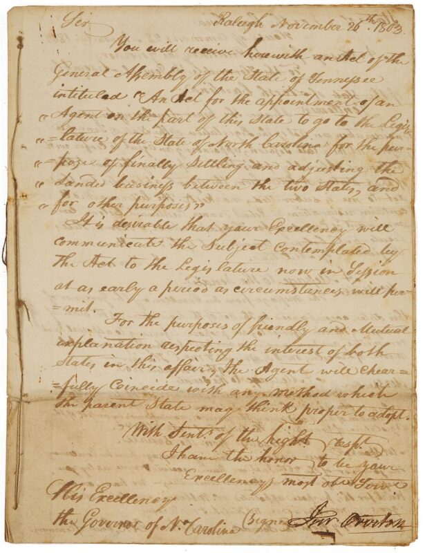 Lot 582: 2 John Overton Signed Letters, 1803, re: TN Statehood
