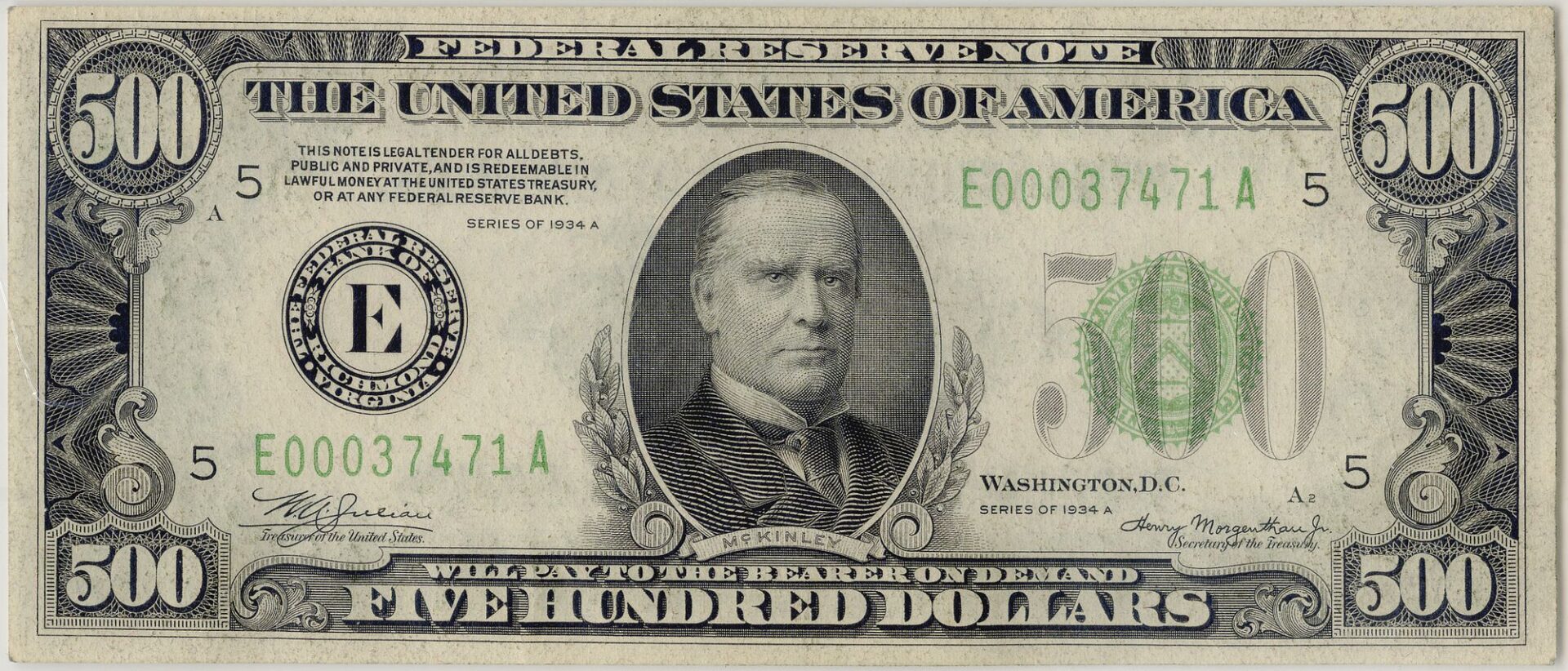 Lot 605: 2202-E 1934A $500 Mule Federal Reserve Note, Richmond