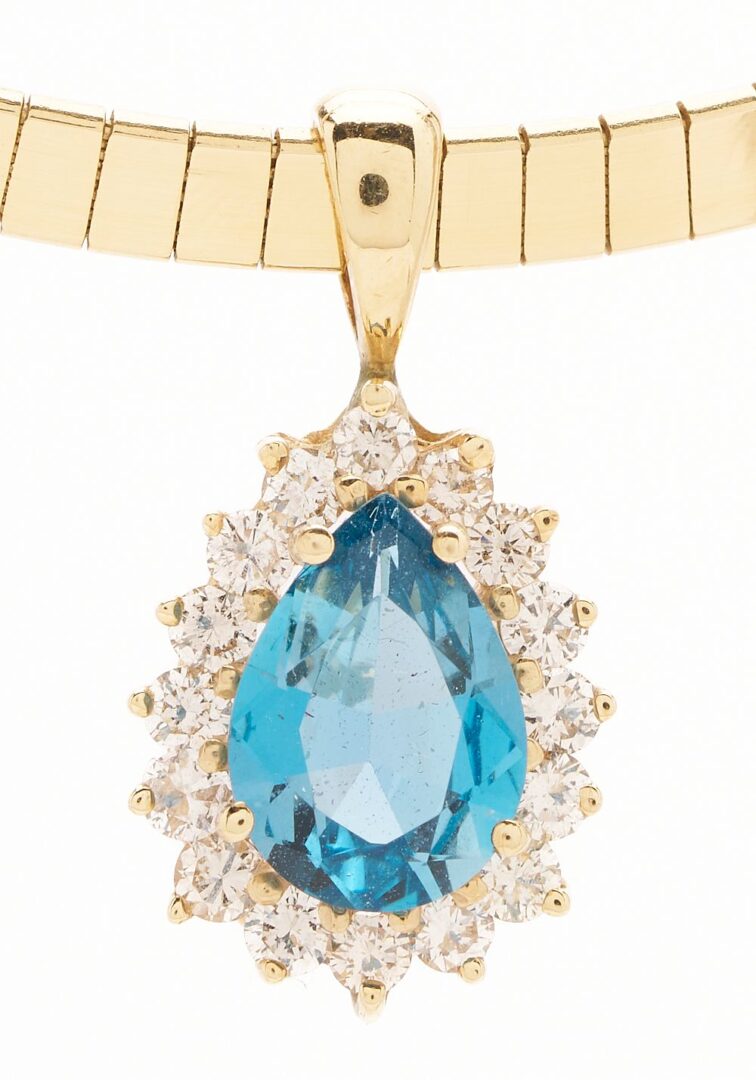 Lot 627: 14K Gold, Blue Topaz & Diamond Omega Necklace