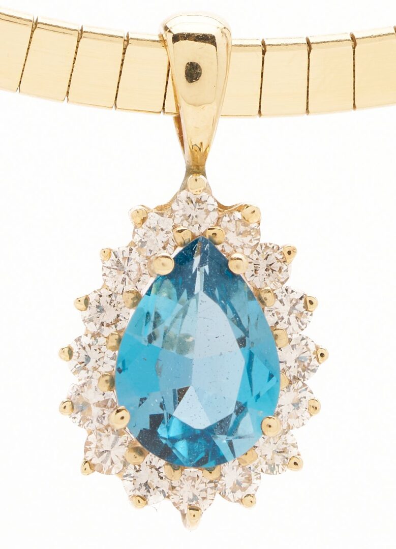 Lot 627: 14K Gold, Blue Topaz & Diamond Omega Necklace
