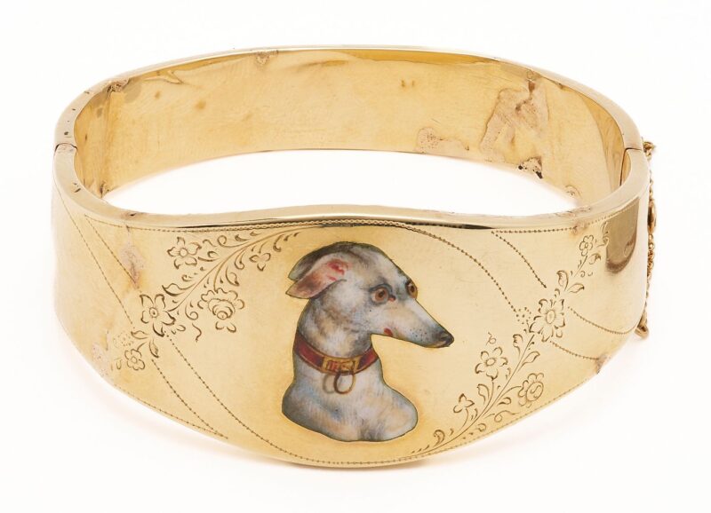 Lot 649: 14K Bangle Bracelet with Enamel Dog Motif