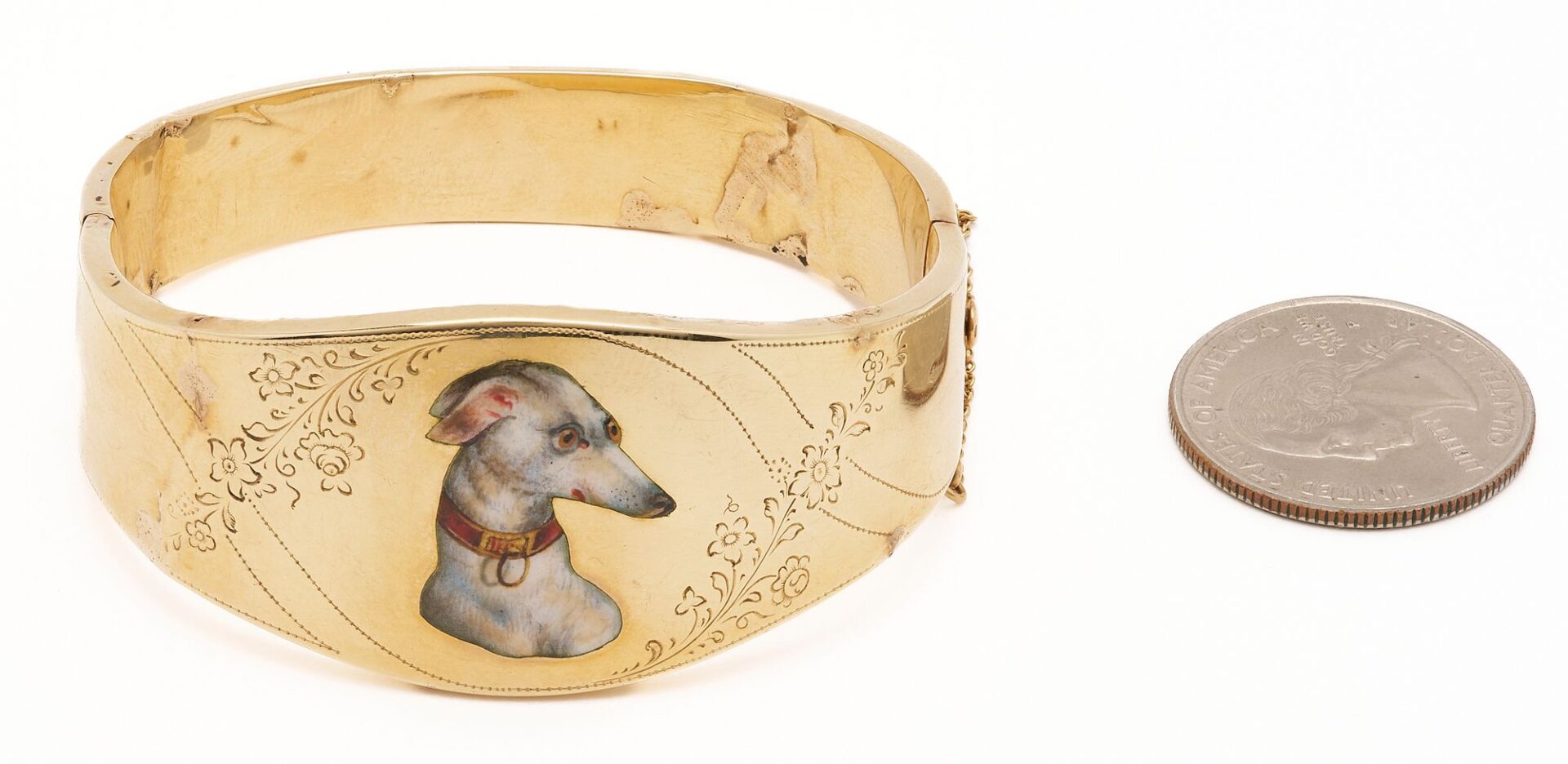 Lot 649: 14K Bangle Bracelet with Enamel Dog Motif