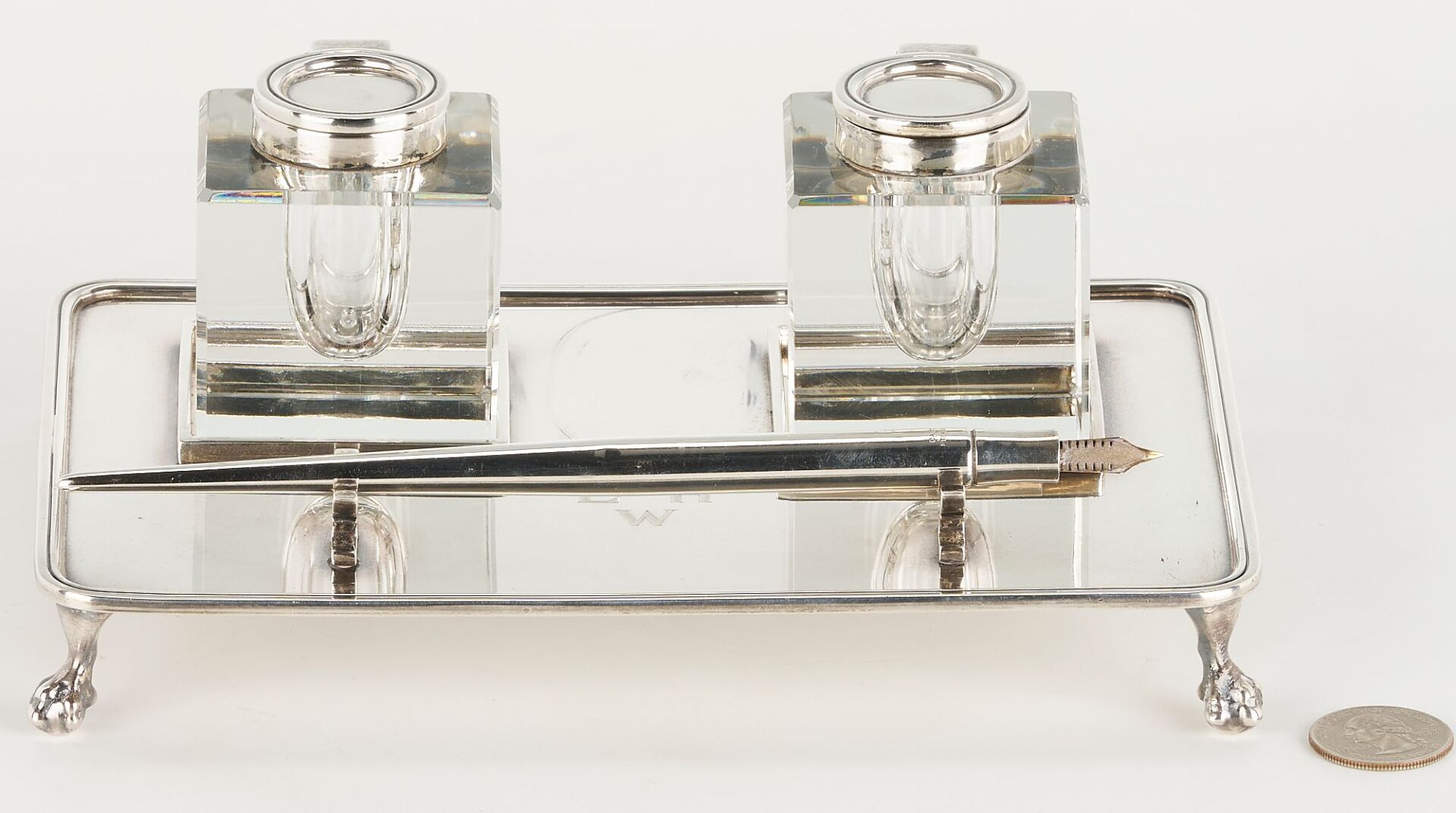Lot 653: Cartier Sterling & Crystal Double Inkstand