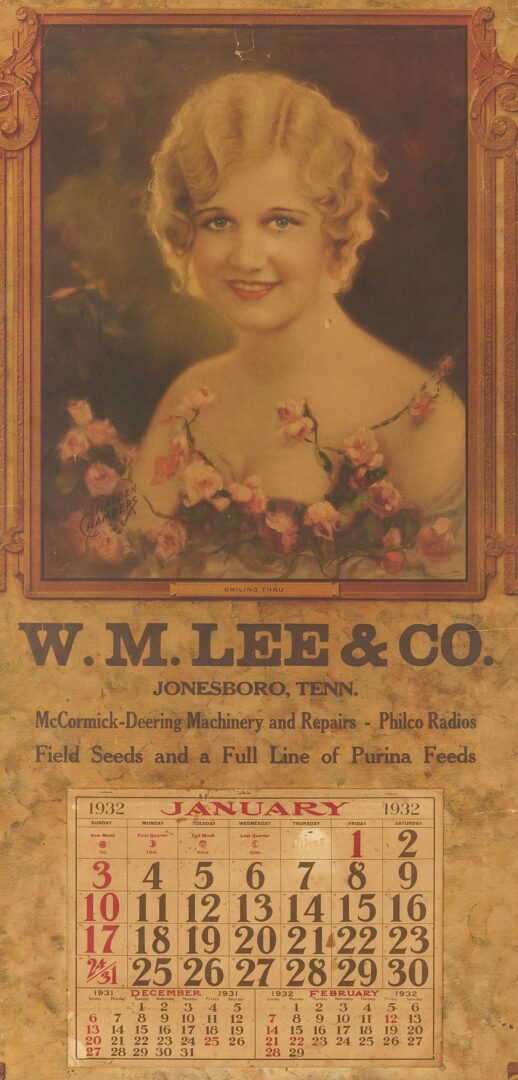 Lot 667: W.M. Lee & Co. Advertising Calendar 1932, Jonesboro TN