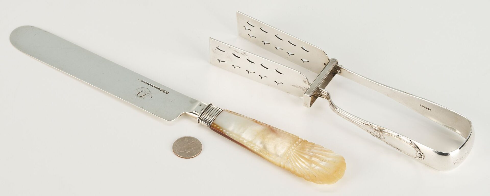Lot 66: Coin Silver Serving Knife and Asparagus Tongs