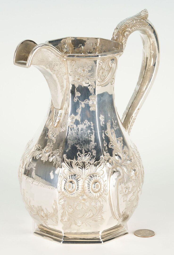 Lot 68: 19th c. Coin Silver Water Pitcher, Octagonal Form, SC History