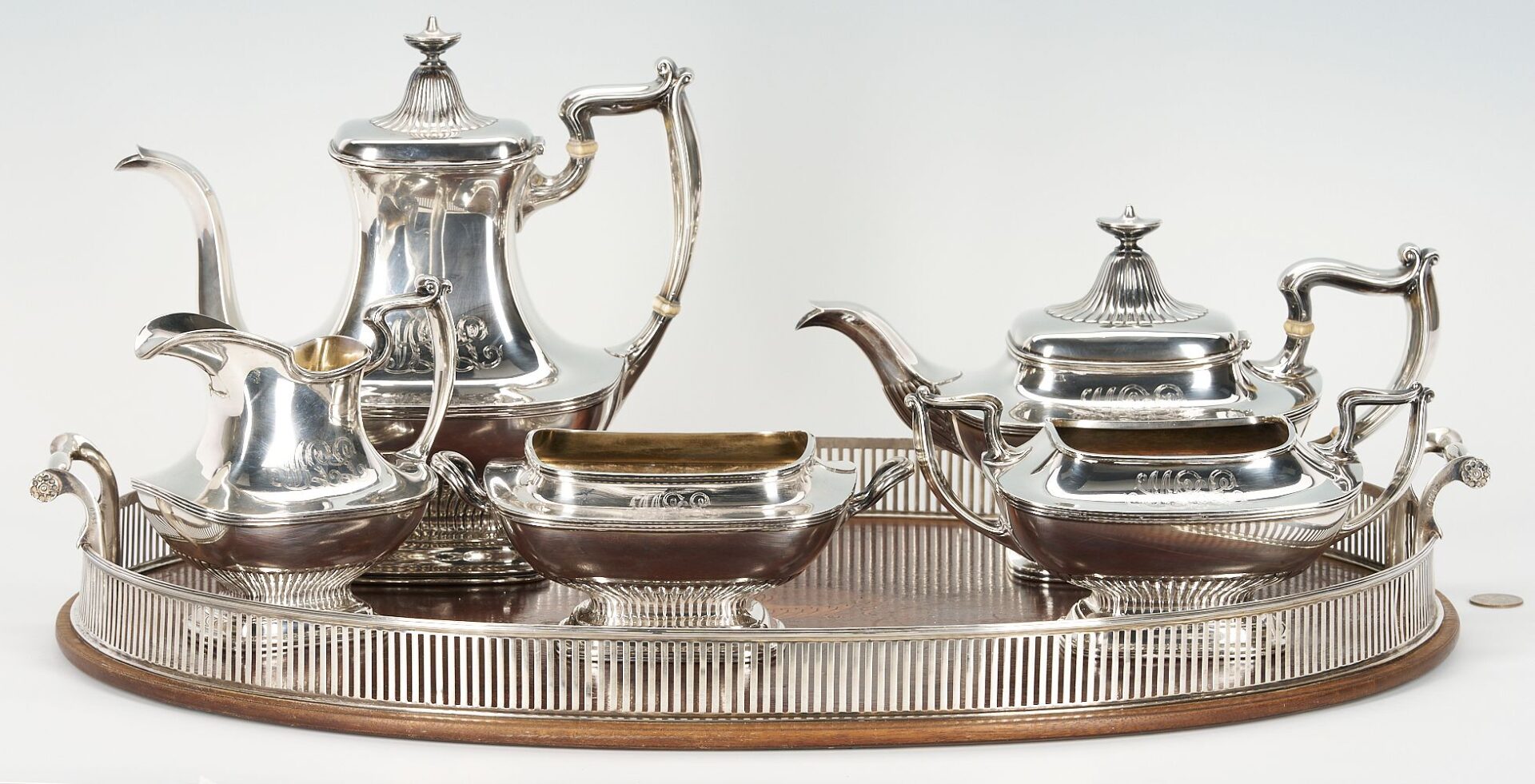 Lot 696: Gorham Sterling 5 Pc Tea Set w/ Tray, Lea – Warner Family, Nashville