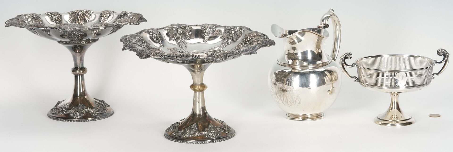 Lot 697: Lea Family Sterling Compote & Pitcher plus Pr. S/P Compotes, 4 pcs.