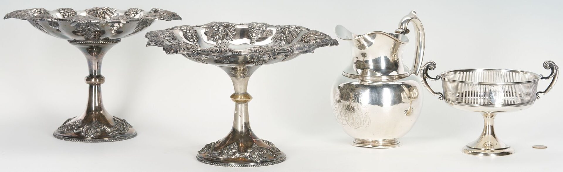 Lot 697: Lea Family Sterling Compote & Pitcher plus Pr. S/P Compotes, 4 pcs.