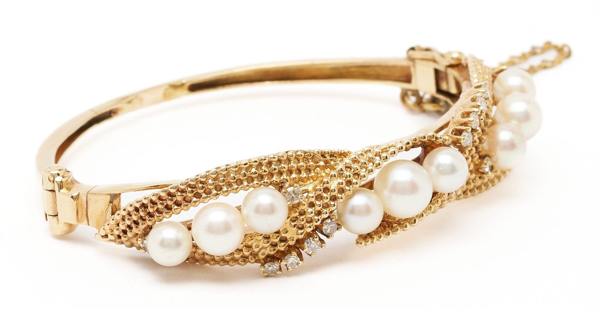 Lot 720: Ladies 14K Yellow Gold & Pearl Bangle Bracelet