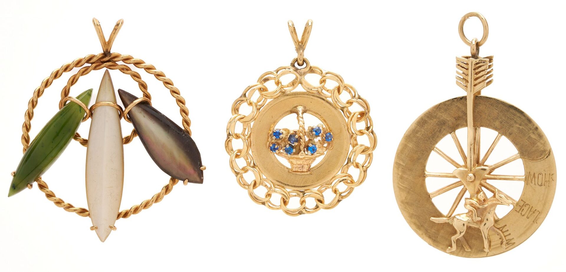 Lot 723: Three (3) 14K Gold & Gemstone Pendants