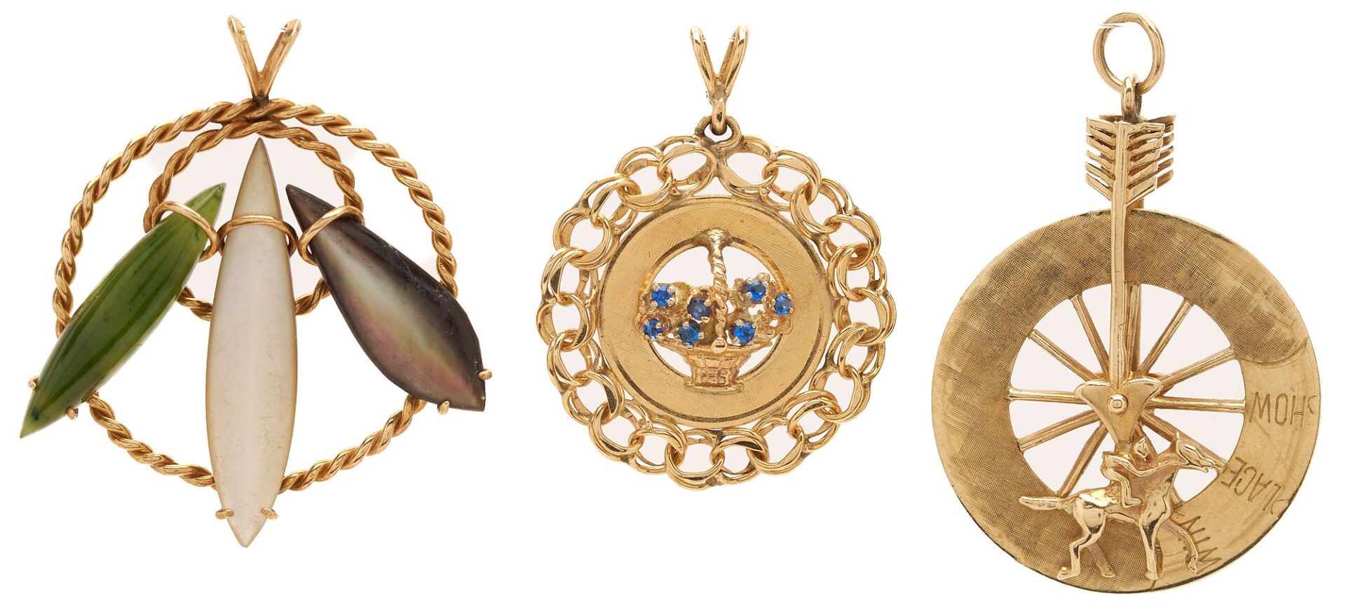 Lot 723: Three (3) 14K Gold & Gemstone Pendants