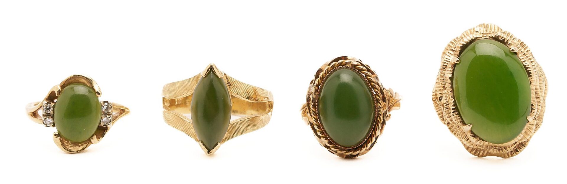 Lot 726: Four 14K Gold & Jade Rings