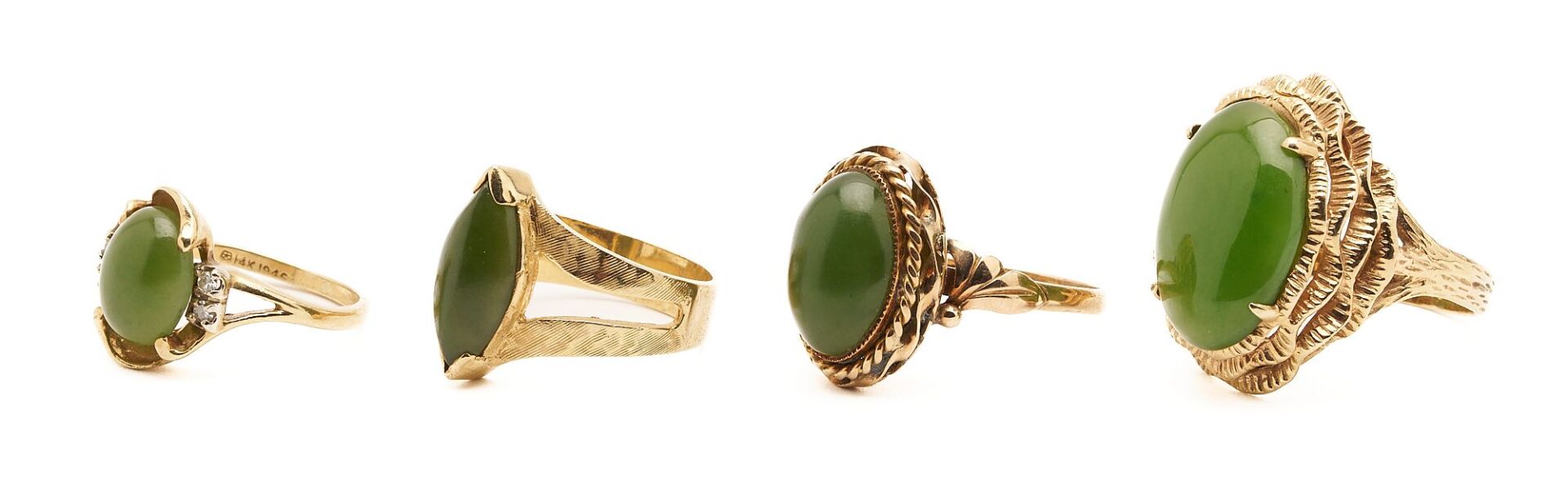 Lot 726: Four 14K Gold & Jade Rings