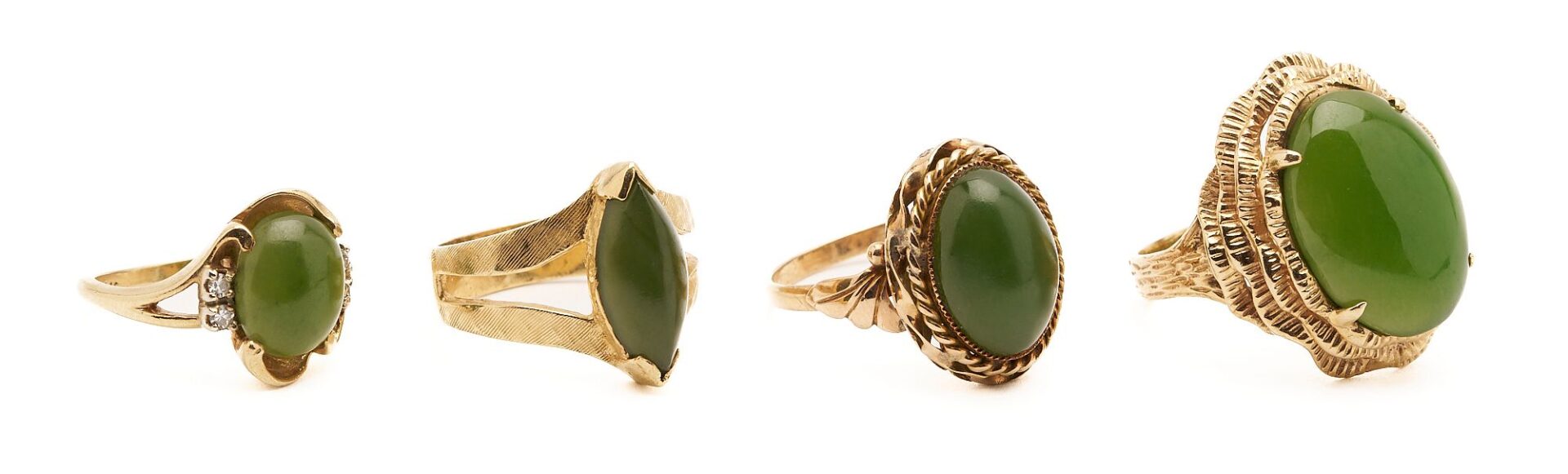 Lot 726: Four 14K Gold & Jade Rings