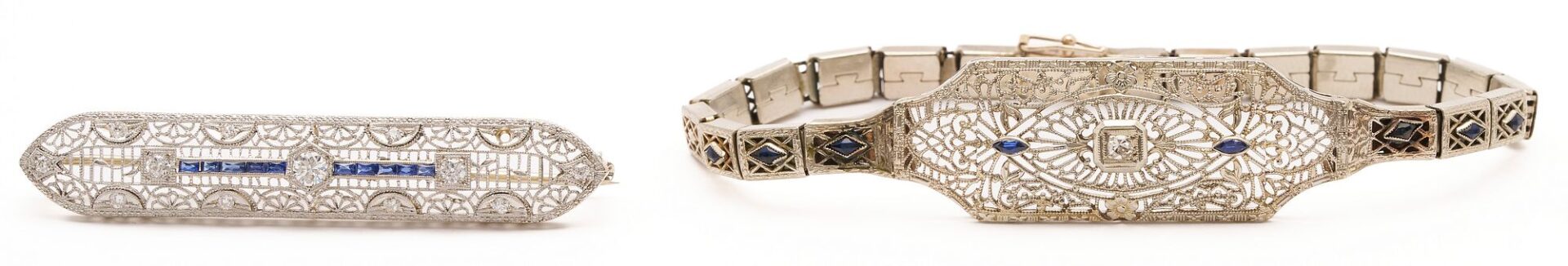 Lot 729: 14K White Gold Art Deco Bracelet and two (2) Brooches