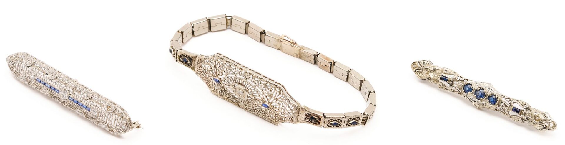 Lot 729: 14K White Gold Art Deco Bracelet and two (2) Brooches