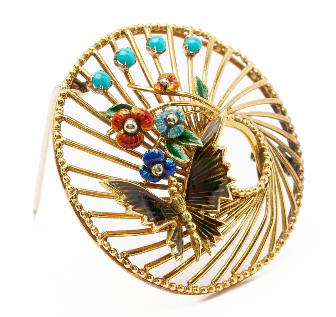 Lot 730: 18K Turquoise & Enamel Brooch