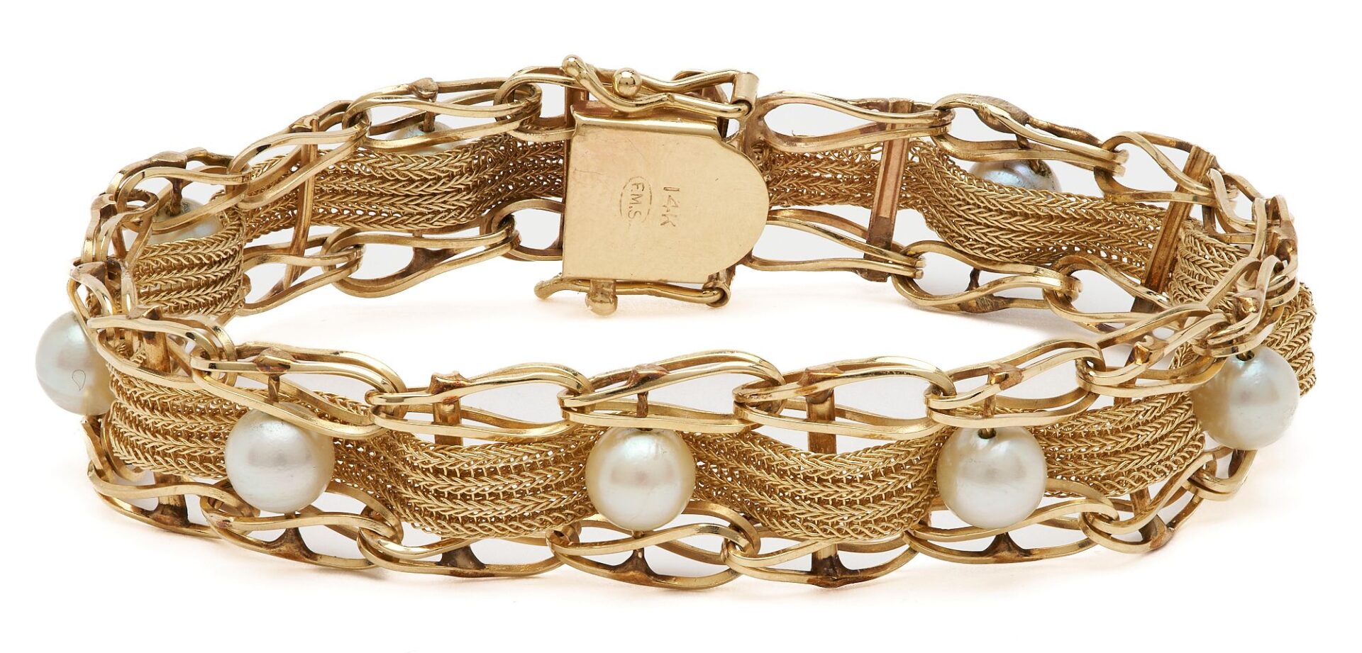 Lot 734: Ladies 14K Yellow Gold & Pearl Bracelet