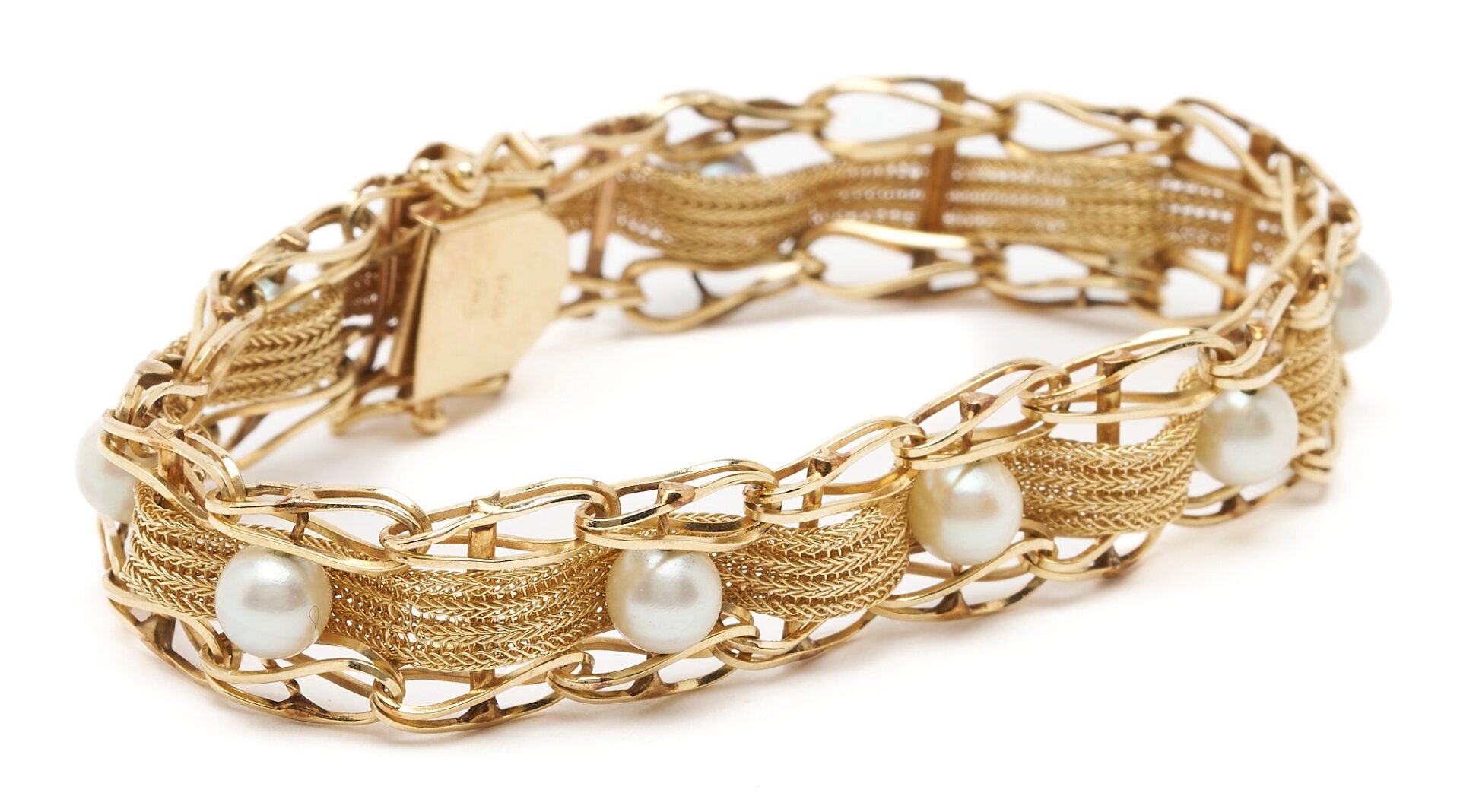 Lot 734: Ladies 14K Yellow Gold & Pearl Bracelet